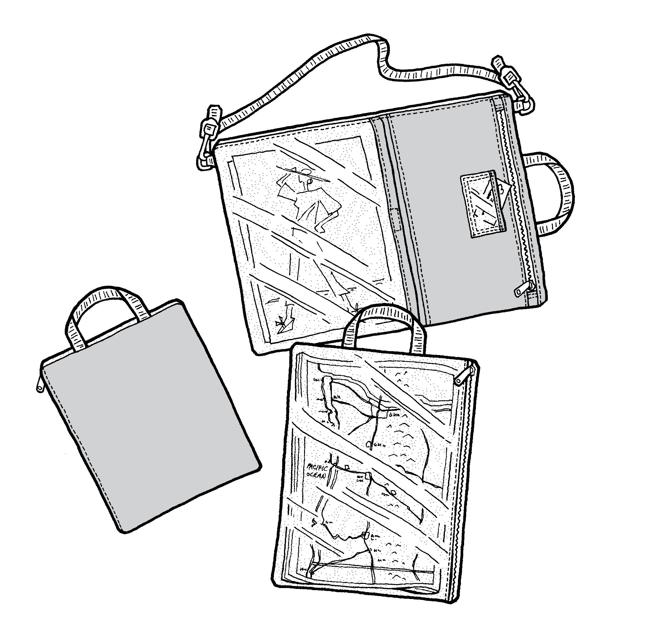 line drawings of three map cover totes with vinyl coverings