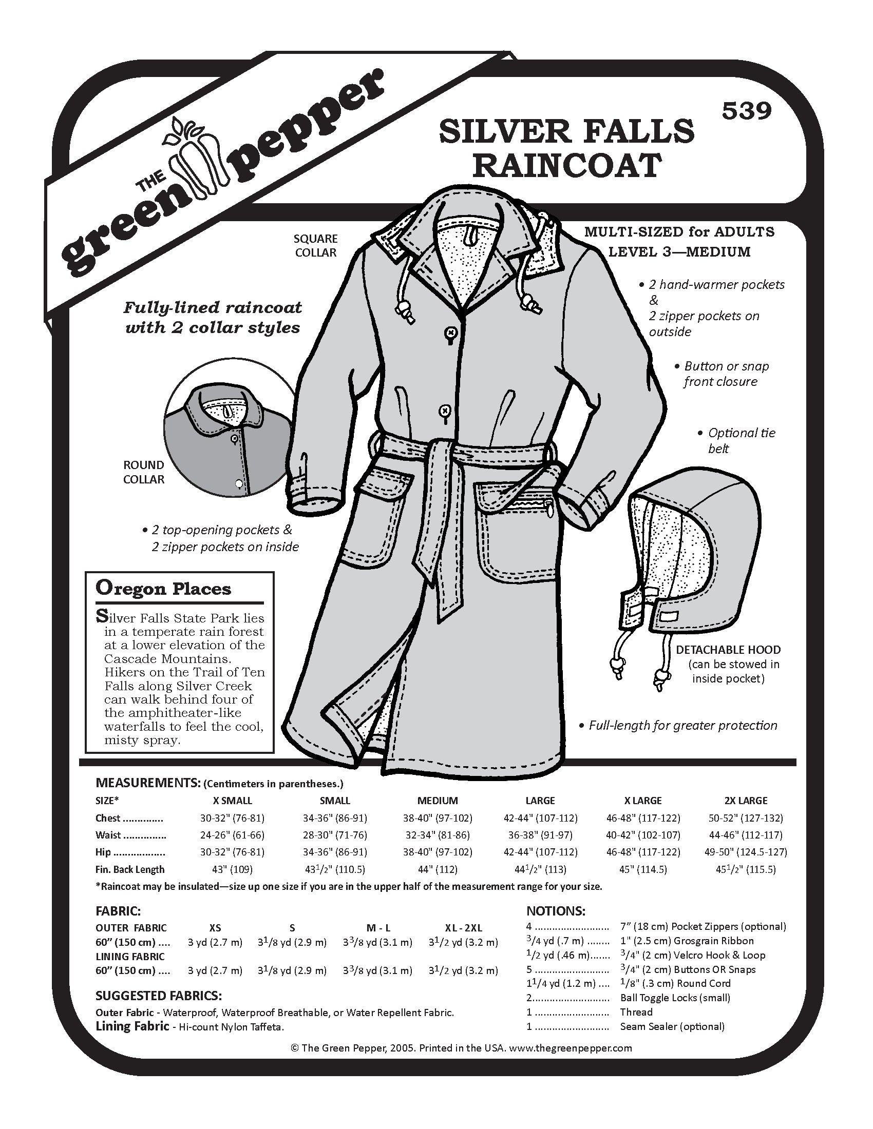 Cover of 539 Silver Falls Raincoat sewing pattern