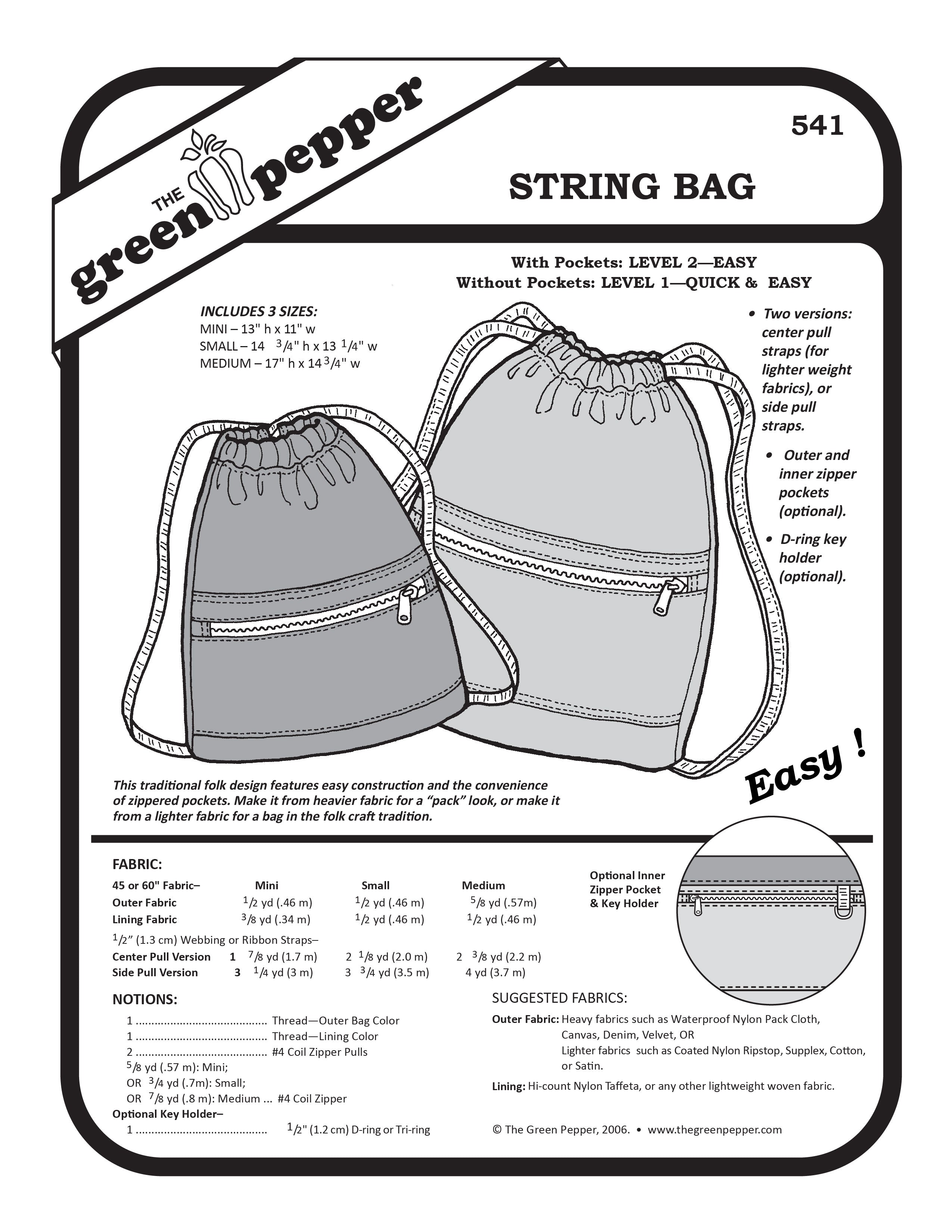 Pattern envelope for 'String Bag' with illustrations and text on a white background