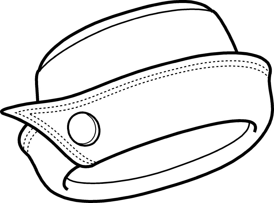 drawing of hat with roll brim, overlapping brim with button