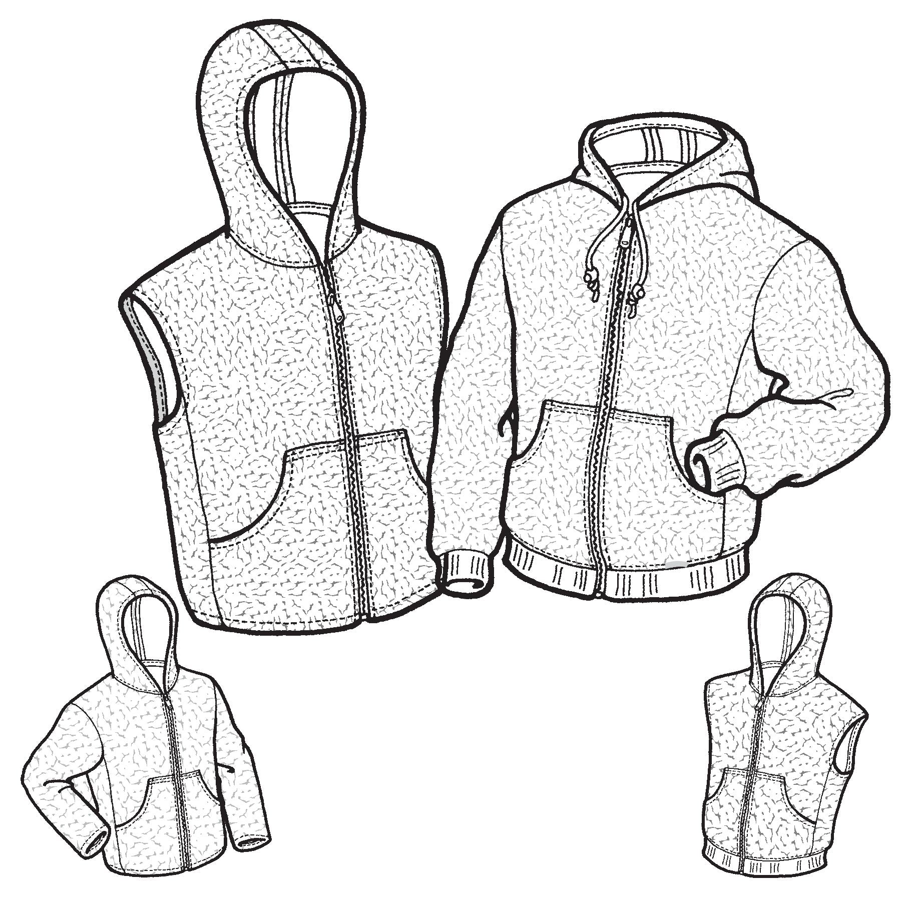 Line drawings of various hoodies and vests on a white background