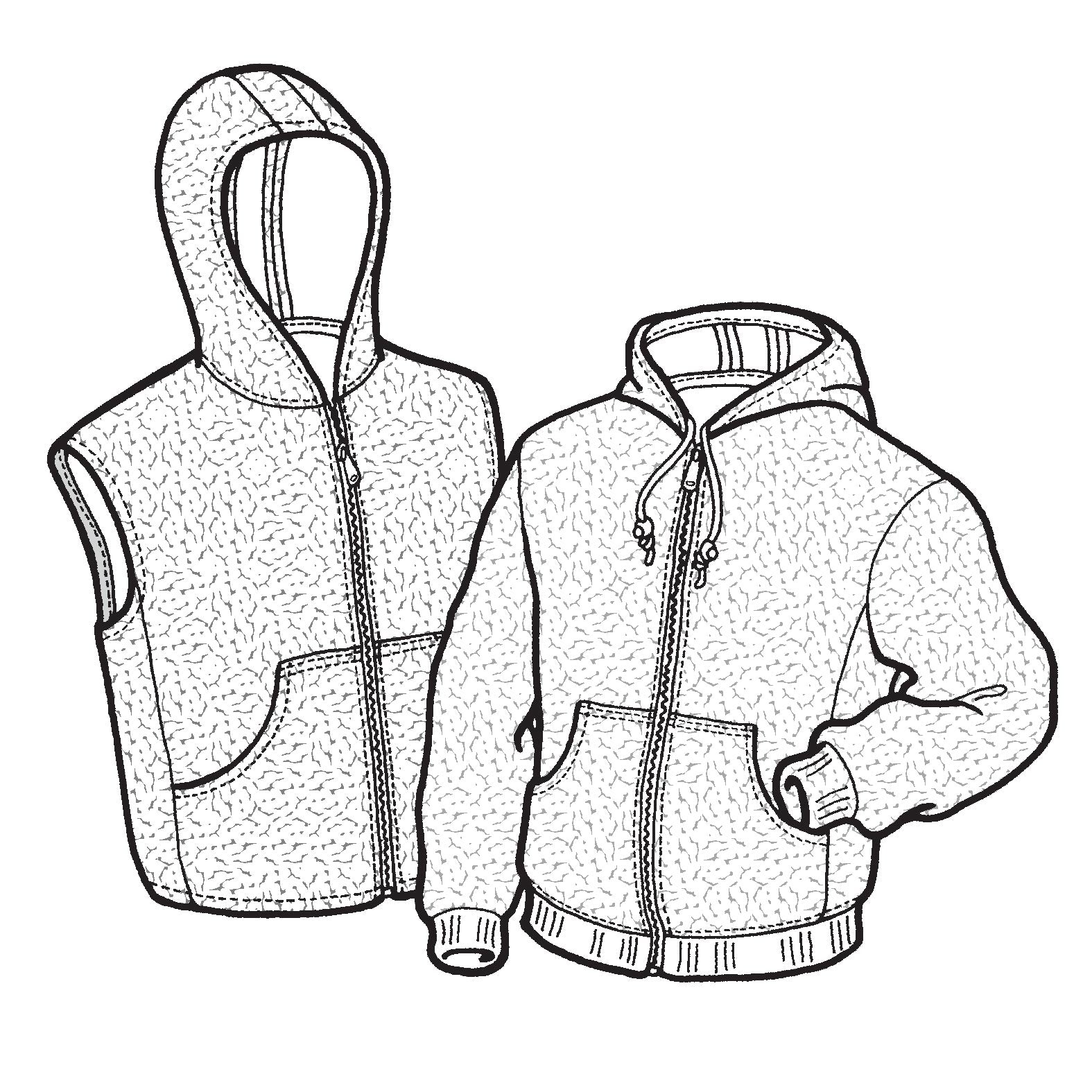 Line drawing of a hoodie and a vest on a white background