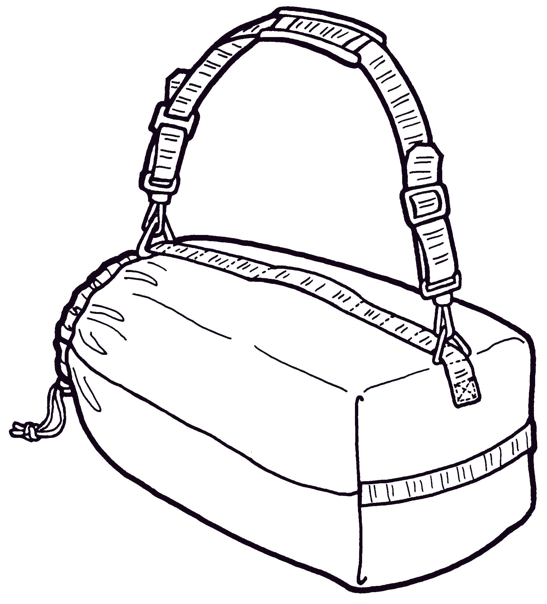 Line drawing of  a stuff sack with a shoulder strap.