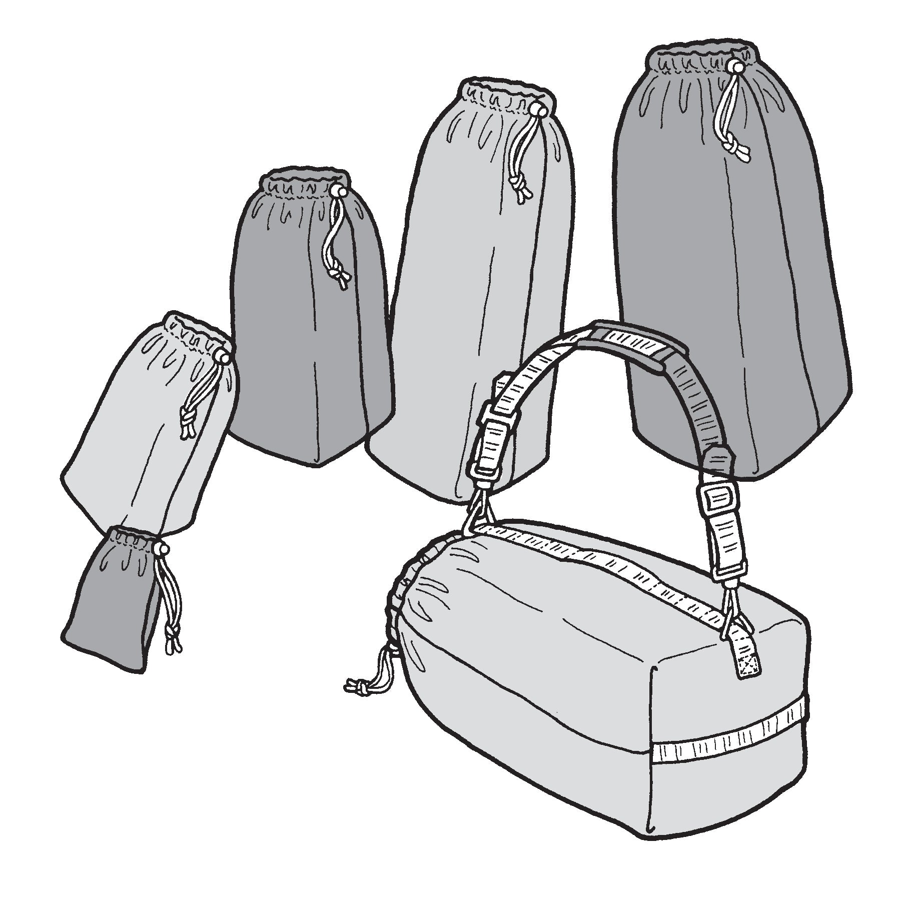 Drawing of 6 stuff sack bags, one with a shoulder strap.