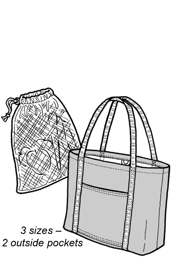Drawing of a produce bag and a market tote with handles and side pockets