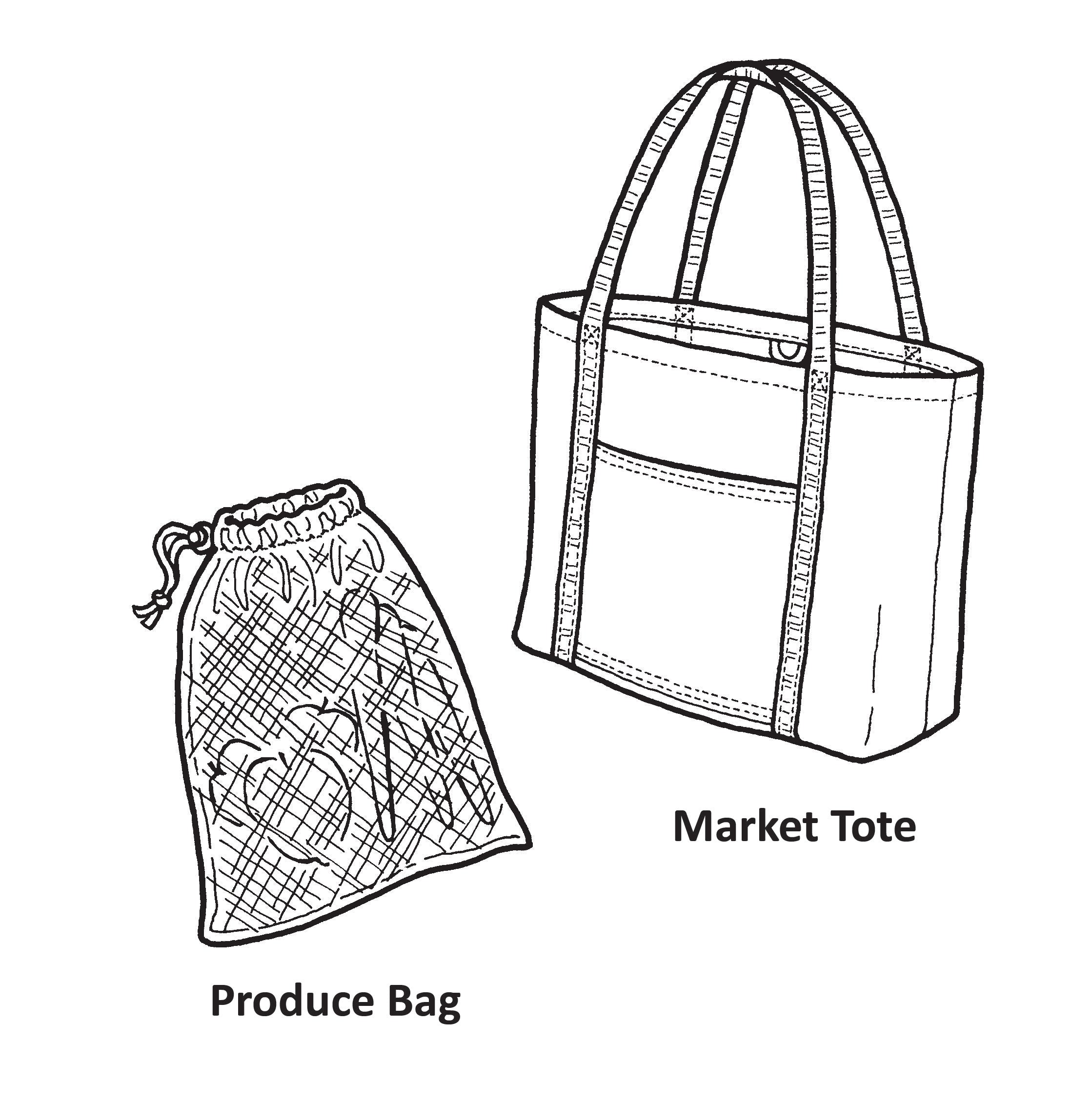 Drawing of a produce bag and a market tote with handles and side pockets