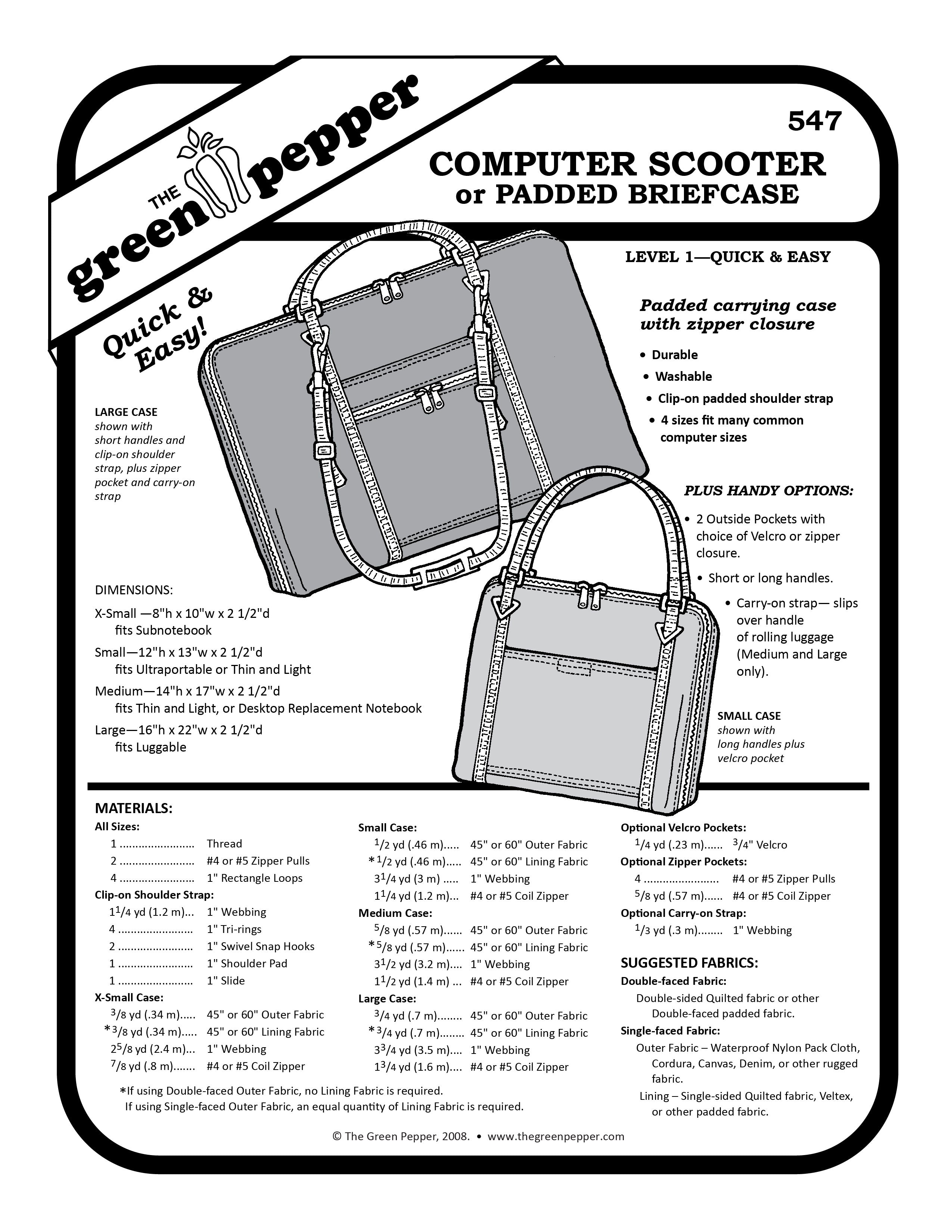 Pattern cover for a computer scooter or padded briefcase with text and diagram on a white background.