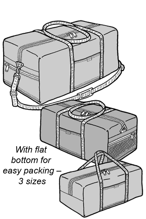 Drawing of three dufffle bags with flat bottoms.