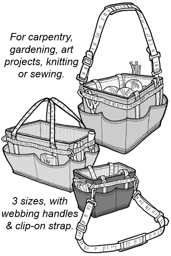 drawing of three different sized tool caddies with straps.