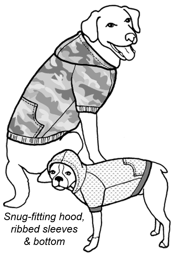 pen and ink drawing of two dogs wearing a hoodie sweatshirt.