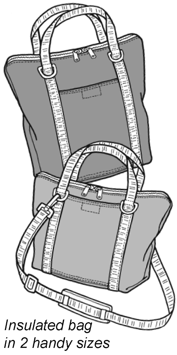 Drawing of two insulated lunch totes, one short, one tall - each with handles and one with a shoulder strap.