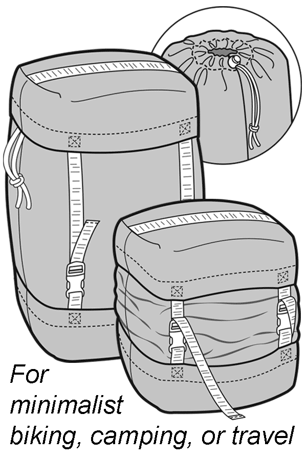 Drawing of three compression sacks for camping.