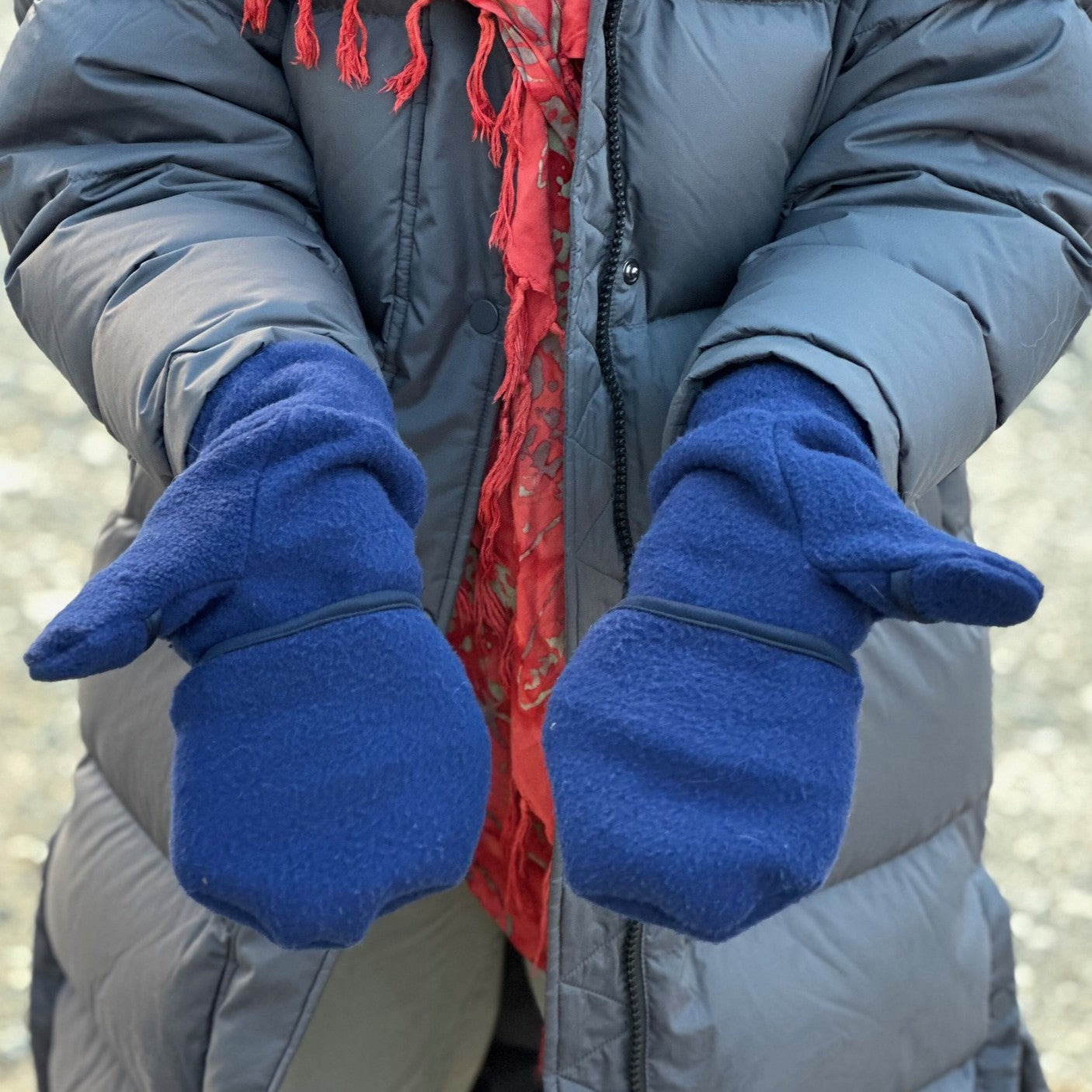 Person wearing blue mittens and a gray puffer jacket with a red scarf.