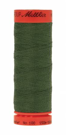 A spool of Mettler sewing thread in a dark olive green color, wound on a red plastic spool with the brand name 'Mettler' visible on the top band.