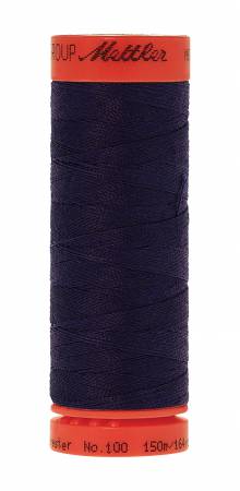 A spool of Mettler sewing thread in a very dark navy blue color, with a bright orange-red top and bottom band featuring the Mettler brand name.