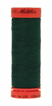 A spool of dark forest green sewing thread with red plastic end caps, branded 'Mettler'.