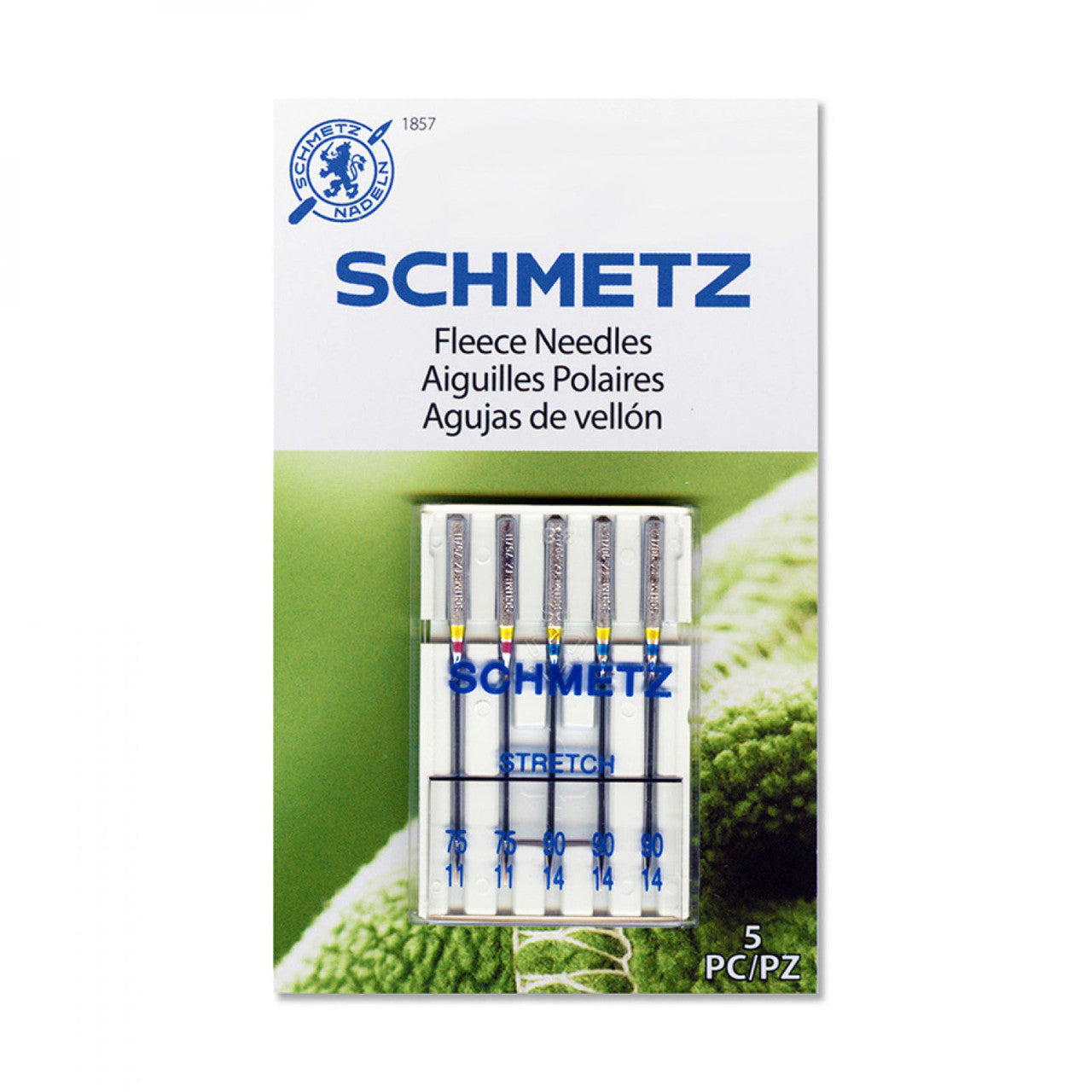 Schmetz fleece needles packaging with five needles displayed on a white background