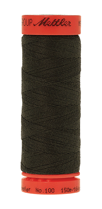 A spool of sewing thread wound on a red spool, with the brand name 'Mettler' visible on the top and bottom red caps. The thread itself is a very dark olive-brown color.