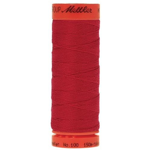 A spool of red sewing thread with orange end caps, shown against a plain white background. The brand name 'Mettler' is visible on the top cap.