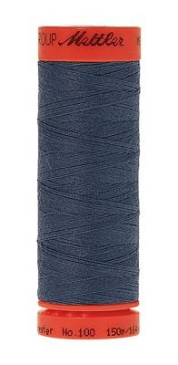 A single spool of sewing thread wound on a red plastic cone, with the brand name 'Mettler' visible on the top red band and 'No. 100' on the bottom red band, isolated on a white background.