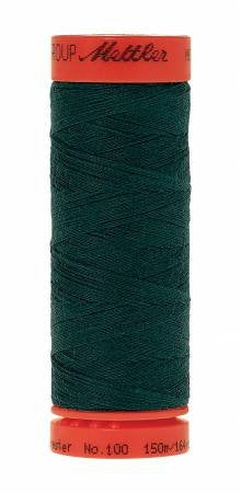 A spool of Mettler sewing thread in a deep forest green color, with red plastic end caps. The brand name 'Mettler' is printed in black on the top red cap, and product details are visible on the bottom red cap.
