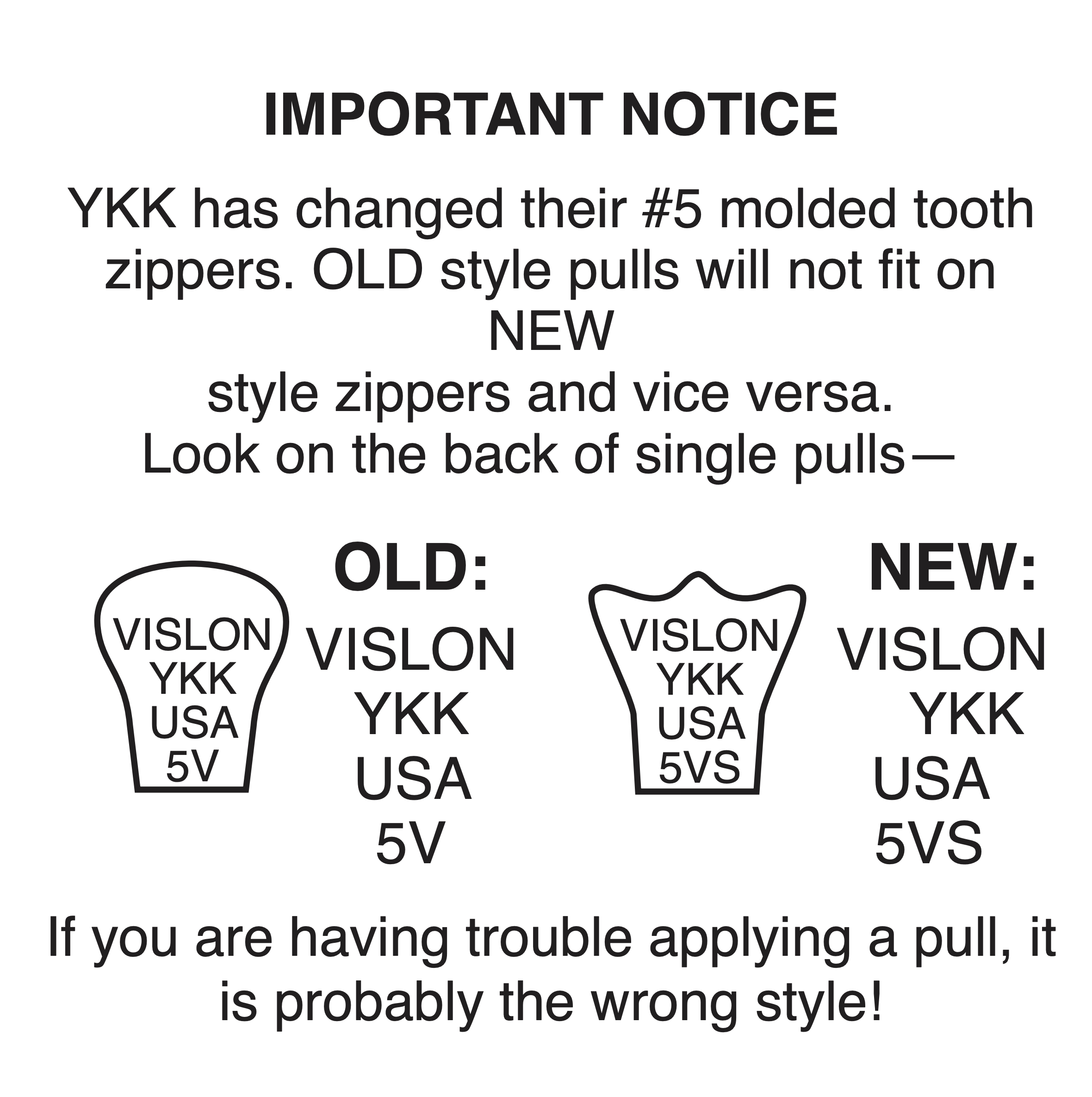 Illustration with Important Notice: YKK has changed their #5 molded tooth zippers.&nbsp; OLD style pulls will not fit on NEW style zippers and vice versa.&nbsp; Look on the back of single pulls -- OLD says "VISLON YKK USA 5V" and NEW says "VISLONG YKK USA 5VS"&nbsp; If you are having trouble applying a pull, it is probably the wrong style!&nbsp; See image for more details.  And two back zipper pull illustrations